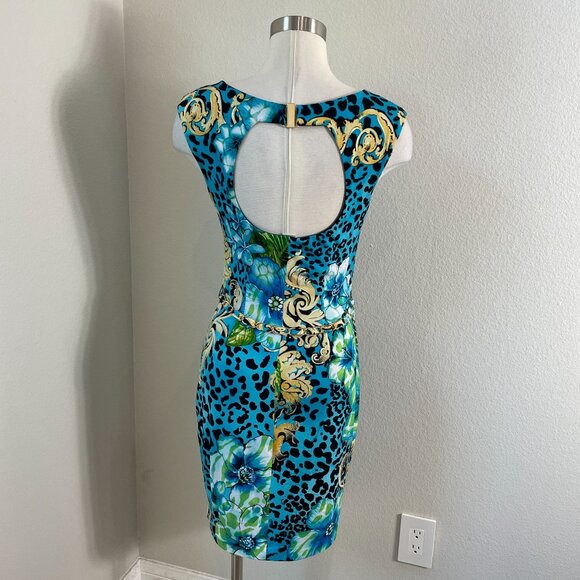 Cache Womens Medium Blue Floral Leopard Print Sleeveless Sheath Dress Chain Belt - Picture 6 of 12